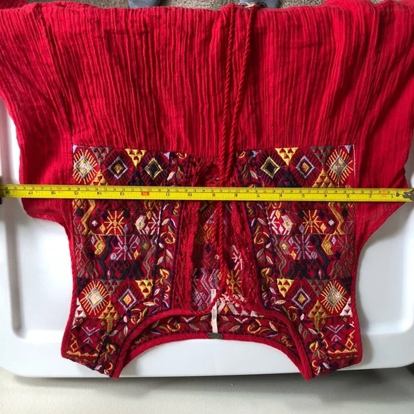 Free People Lohri Red Embroidered bohemian tank top with key hole tie tassels - Picture 6 of 7